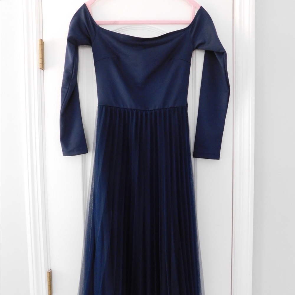 ASOS Navy midi long sleeve off the shoulder dress